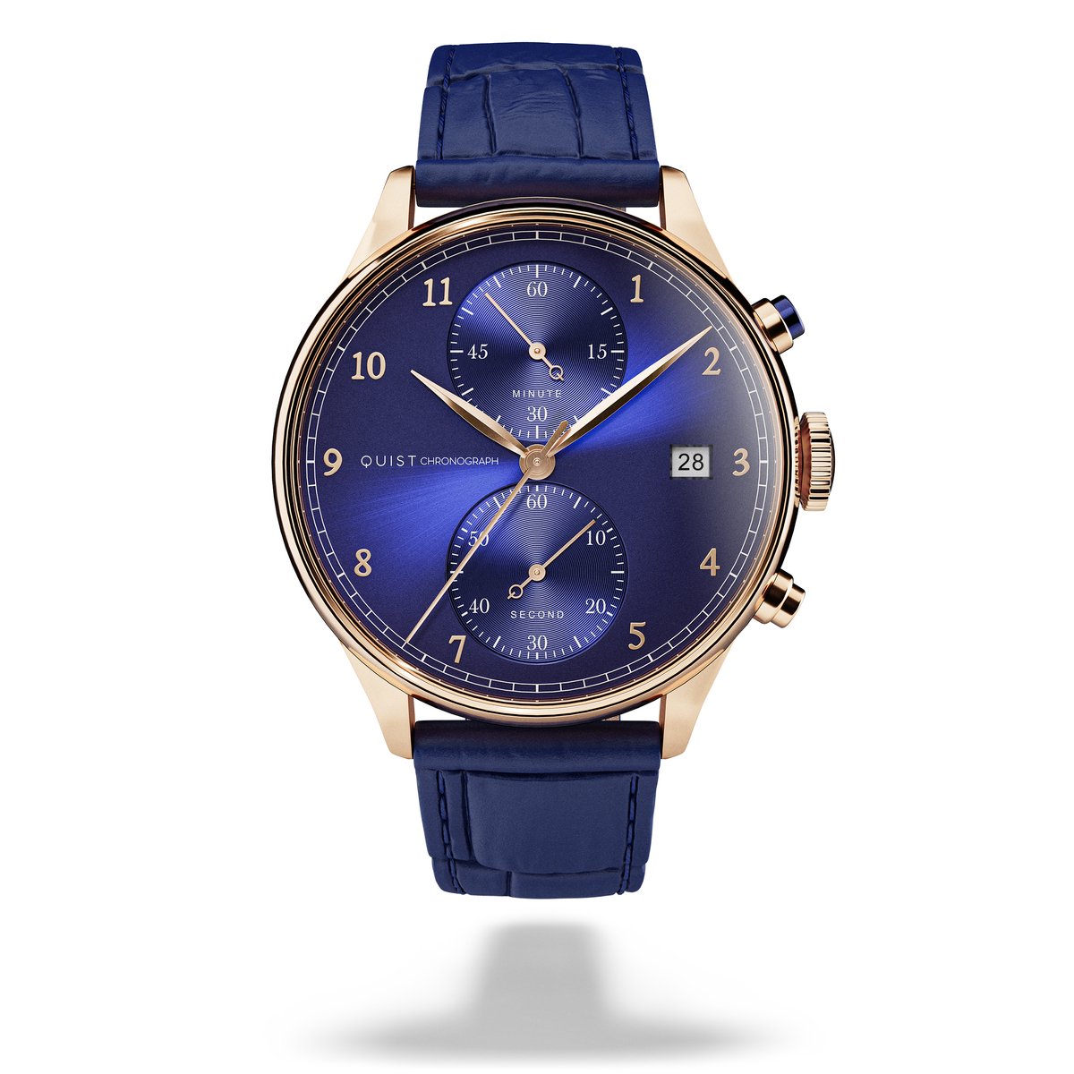 QUIST - Chronograph herenhorloge - goud - blauwe wijzerplaat - blauwe croco lederen horlogeband - 41mm