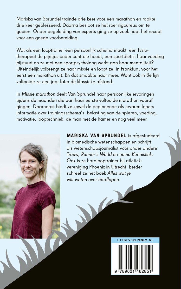Boekomslag met een foto van Mariska van Sprunsel, de auteur, en achtergrondinformatie over het boek.