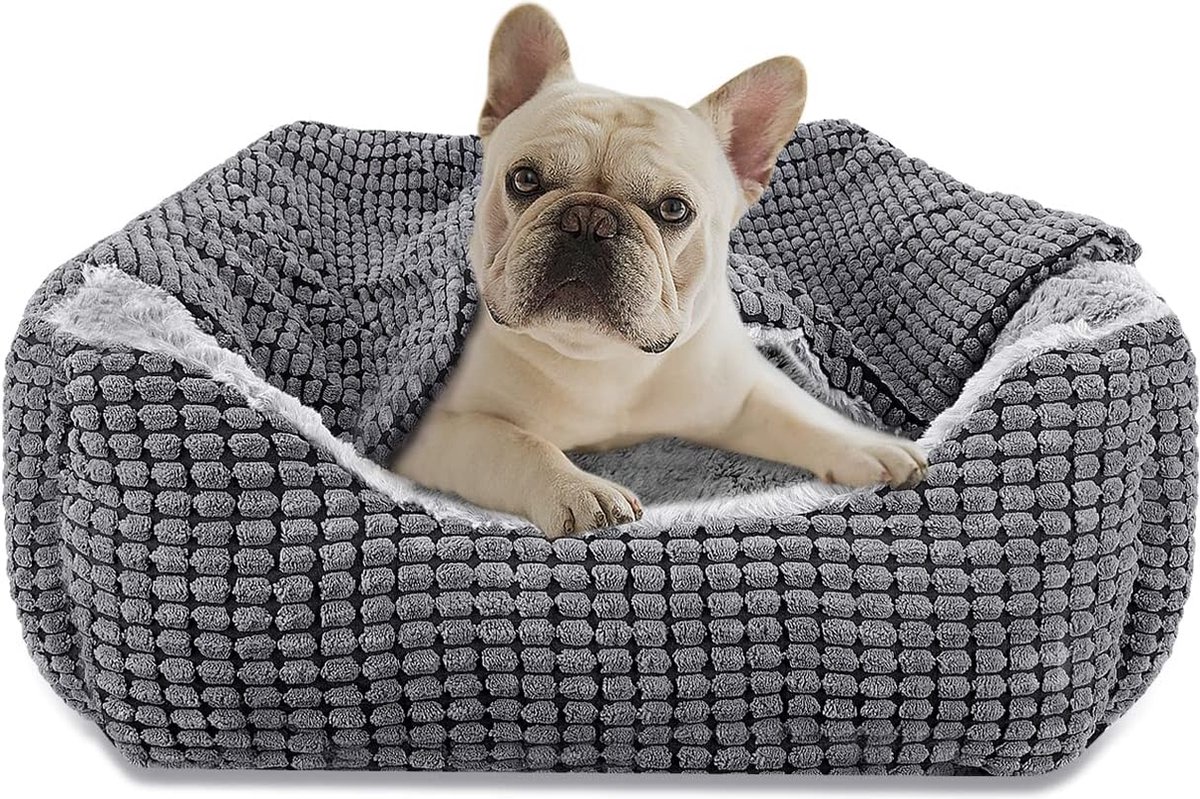 Hondenbed voor kleine honden, hondenbed met plafond, pluche hondenmand, rechthoekig huisbed, antislip, wasbaar, 51 x 48 x 15 cm, verzonden naar huis tot 9 kg