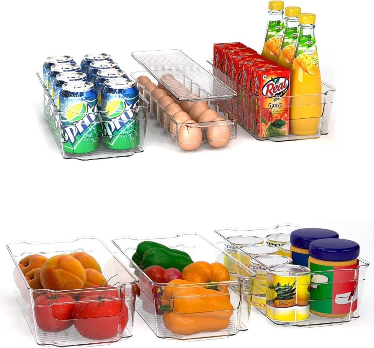 Opbergbakken Bijkeuken - Set van 6 containers (1 eierbak en 5 organiserende bakken) Opslag voor Koelkast, Keuken, Bijkeuken, Kasten en Werkbladen (Transparant)