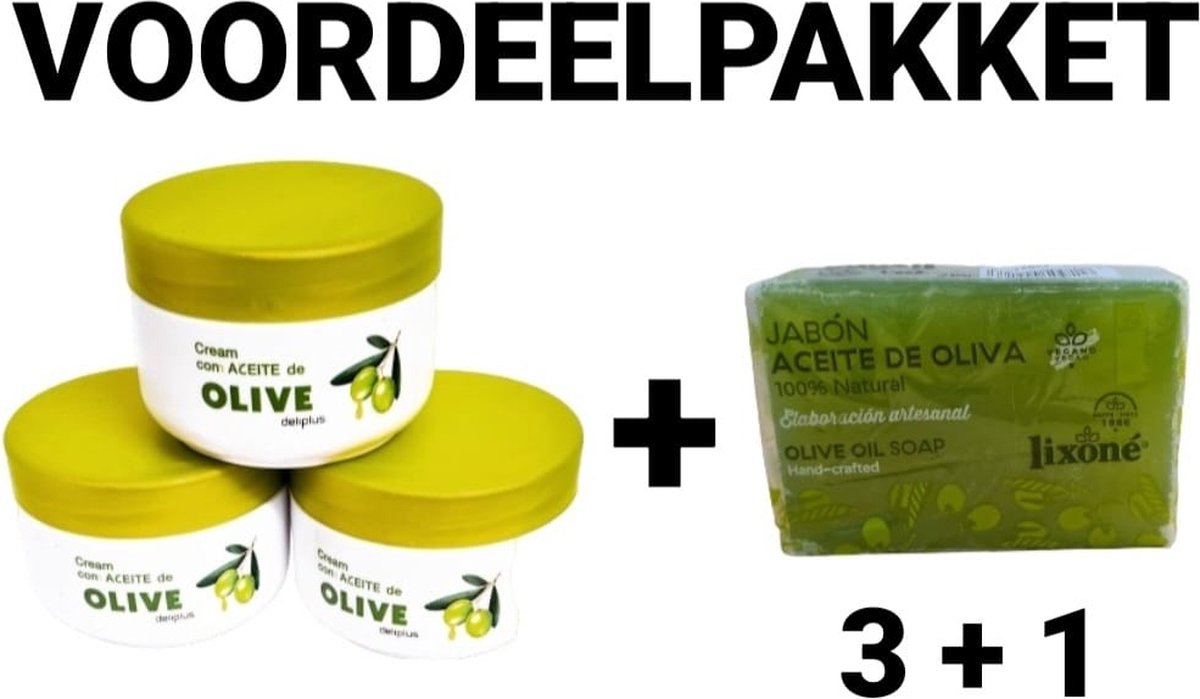Deliplus en Lixoné - 3x Cream Con Aceite De Oliva 250ml + 1x Vegan Handgemaakte Zeep Met Olijfolie (Jabón Aceite Oliva) 100% Natuurlijk 125g - Spanje
