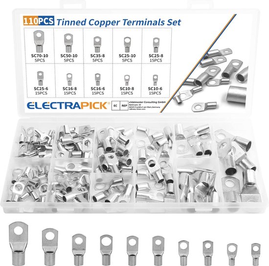 Electrapick - Cosses de câble tubulaires - 110 pièces - Pinces en cuivre étamé - Cosses de câble à anneau de 10 tailles - Connexions de batterie en cuivre - Fiche - Cosses de câble