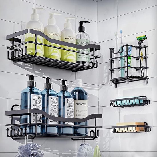 Lot de 5 caddies de Douche , étagère de salle de bain, Geen Embouts , organisateur de rangement de salle de bain auto-adhésif, support de douche en acier inoxydable 304 pour organisateur de salle de bain/organisateur de Douche / Cuisine (Zwart)