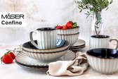 serviesset voor 4 personen in moderne vintage look, 12-delig ontbijtservies van keramiek in beige met zwarte accenten, aardewerk