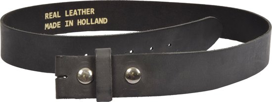 Une ceinture en cuir noir sans boucle, avec texte 'REAL LEATHER MADE IN HOLLAND'.