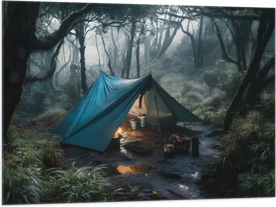 Vlag - Tent - Kamperen - Bos - Planten - Kampvuur - Nat - 100x75 cm Foto op Polyester Vlag