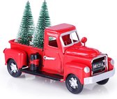 Kerstboom rode vrachtwagen truck - Kerstmis auto model retro mini truck model met 2 stuks mini-kerstboom voor kerstdecoratie tafeldecoratie