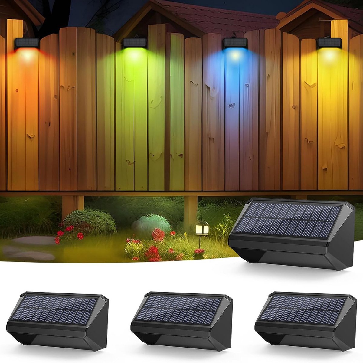 Solarlampen voor buiten, tuin, 4 stuks, IP65 waterdichte solarlampen, tuindecoratie, 4 modi, warmwit/kleurwisselende led-tuinverlichting voor buiten, terras, tuin, trappen, hekken