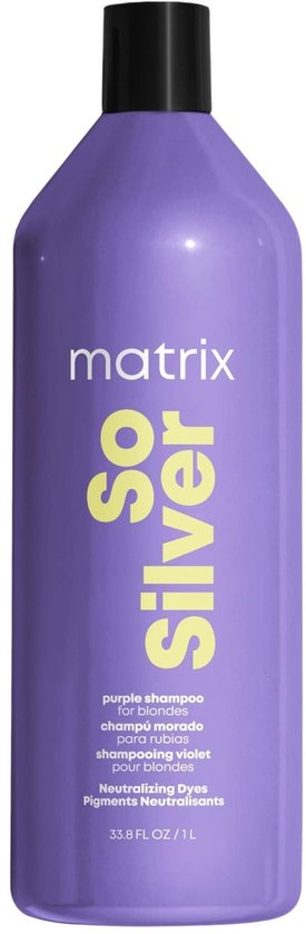 Matrix So Silver shampooing violet pour blondes, flacon violet avec bouchon noir, 1L.