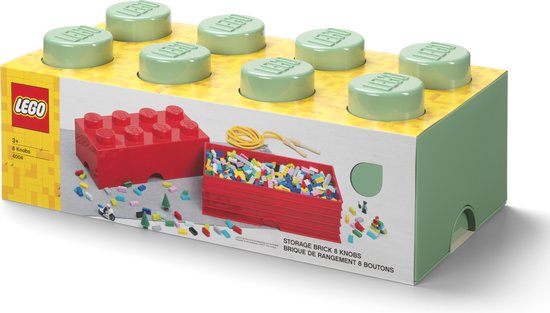 Verpakking van een Lego opbergbak van 8 noppen in rood met lichtgroene deksels.
