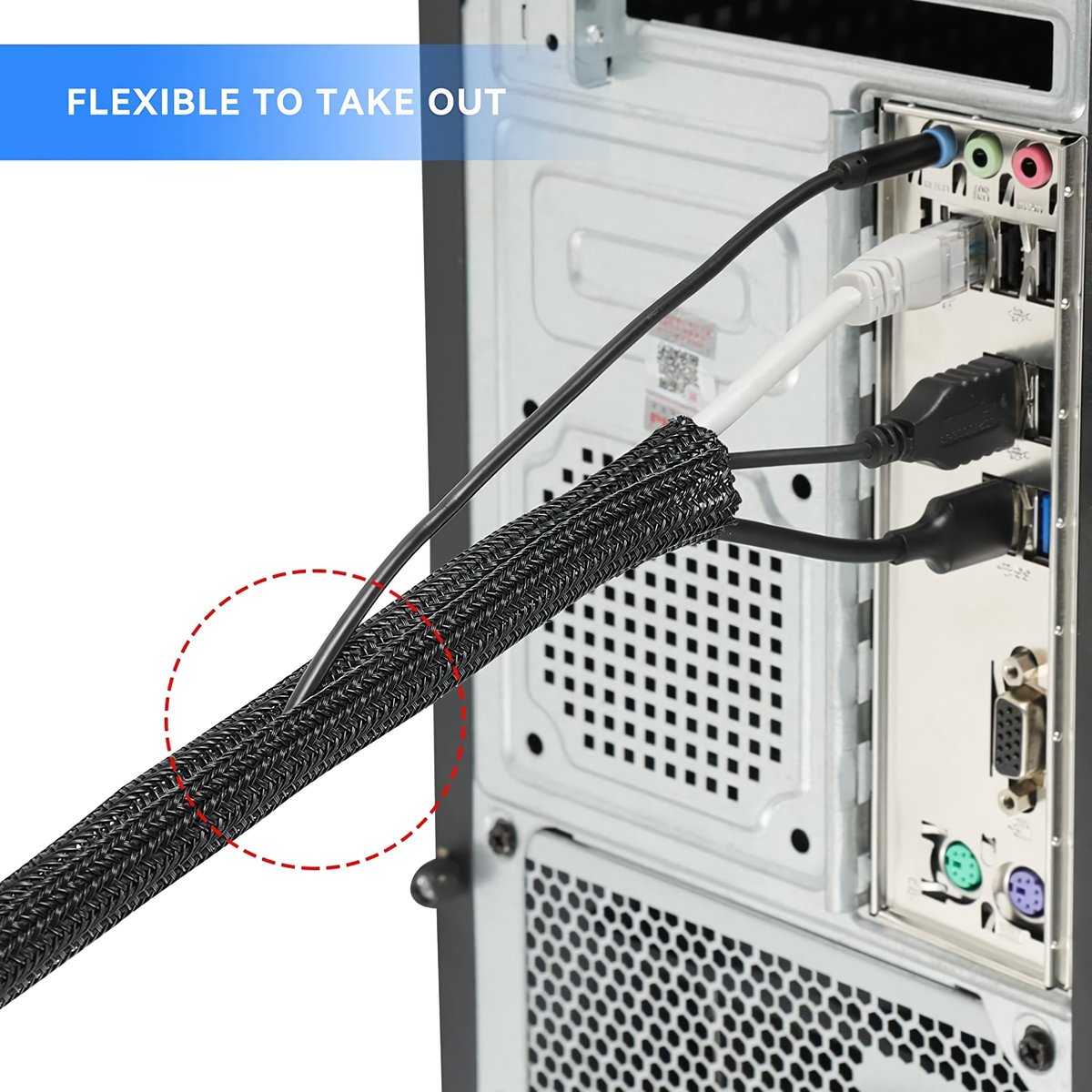 kabelgoot, zelfsluitende kabelslang, geweven kabelmantel op maat te knippen, flexibel 3m, diameter 12-20mm, verstoppen in het bureau, tv, vloer, zwart