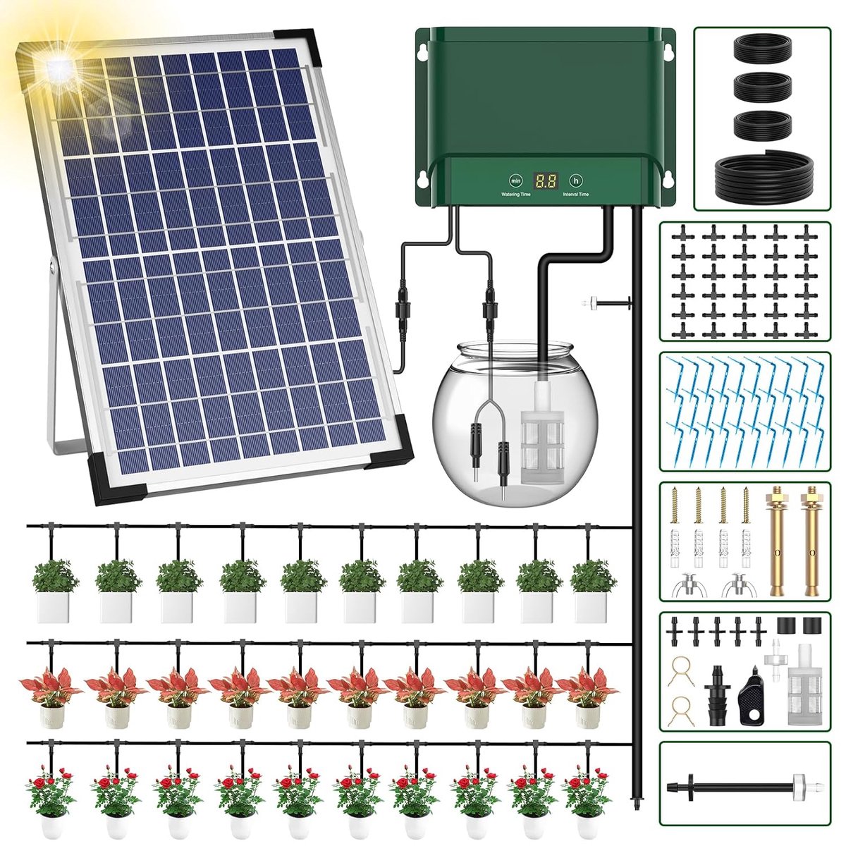 Waterdruppelaar - Irrigatiesysteem - Bewateringssysteem - Zonne Energie - Automatisch Watergeefsysteem met USB-voeding - LED-display - Merkloos