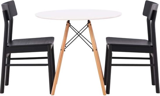 Danburi eethoek tafel wit en 2 Montros stoelen zwart.