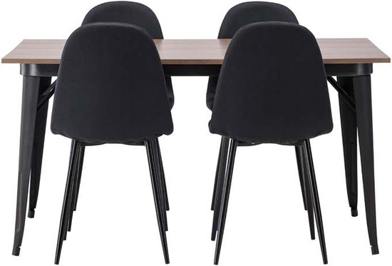 Tempe eethoek tafel okkernoot decor en 4 Polar stoelen zwart.