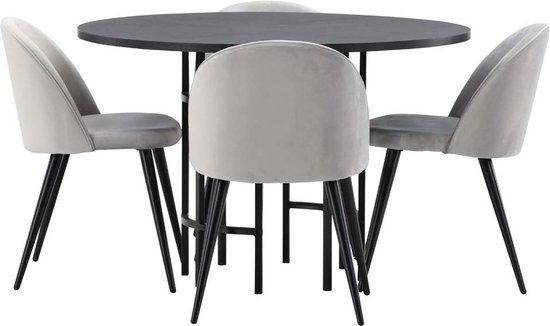 Copenhagen eethoek tafel zwart en 4 Velvet stoelen grijs.