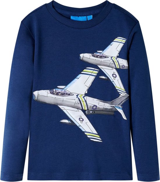 vidaXL-Kindershirt-met-lange-mouwen-vliegtuigprint-116-marineblauw