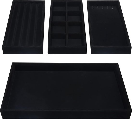 Zwart Velours Stapelbare Sieraden Organizer Opslag Bakken (4 Pak) – 35,3 x 24,2 cm - Lade Display Dozen – Verwijderbare Secties Voor Kettingen, Ri