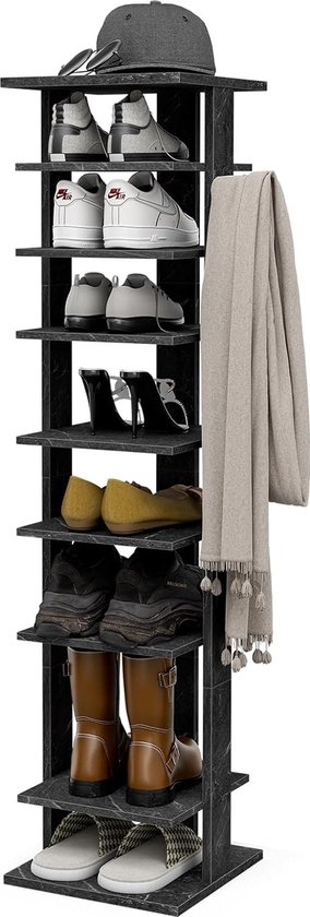 schoenenrek, 8-traps schoenenopbergorganizer met haak, hoge schoentoren, slank staand schoenenrek, Cubby-schoenenopslag voor entree/kleine ruimtes/kast (zwart)