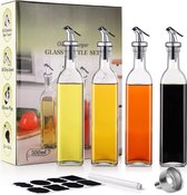 olieflessen azijnfles, 500 ml glazen olijfoliefles 4 stuks, azijn- en olieflessen set met 4 schenktuiten 1 trechter, oliedispenserfles voor koken, keuken, bakken, salade