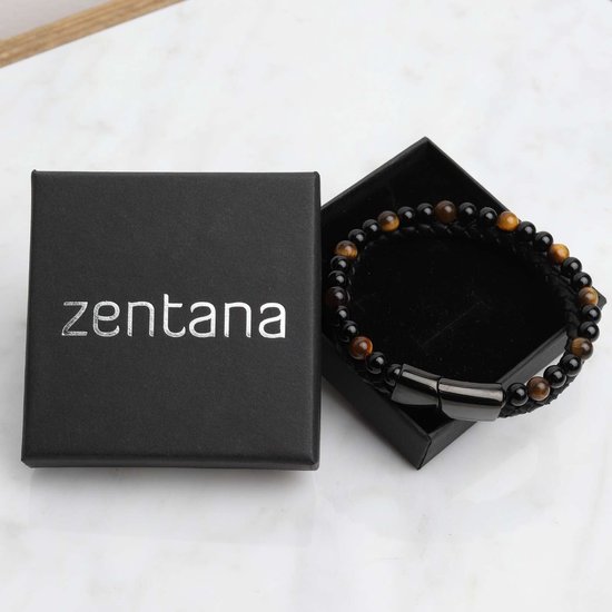 Zentana Armband Dubbel - Gevlochten Leer - Tijgeroog & Onyx - RVS Sluiting - 200mm