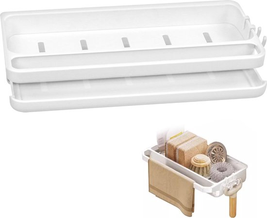 Sinnsally Spoelbak-organizer voor keuken, gootsteenorganizer, afwasmiddelhouder keuken, sponshouder/spoeldoekhouder met afvoerpan, wastafel, afwasorganizer, gootsteenplank, zwart