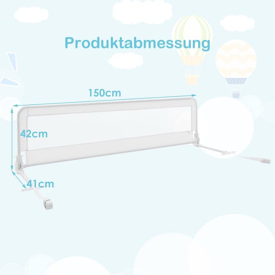 Jopassy Bedhekje, 200 x 2 150 cm x 1 cm, bedhekje, kinderbedhek met U-vormige basis, valbeveiliging, bed voor kinderen en ouderbedden, hoogte 68 tot 95 cm, eenvoudige montage, grijs
