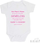 100% katoenen Romper "Lieve papa & mama ik hoorde dat jullie geweldig zijn en ben heel blij dat jullie mijn vader & moeder gaan worden!" Meisjes Katoen Wit/roze Maat 56/62