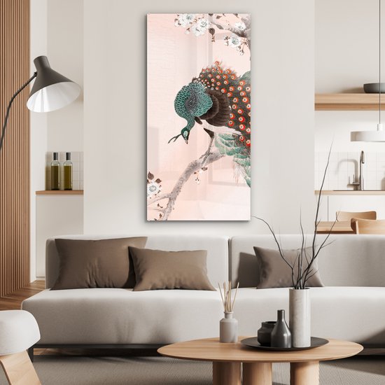MuchoWow® Peinture sur Verre - Fleur - Paon - Ressorts - Japandi - 60x120 cm - Peintures sur Verre Acrylique - Photo sur Glas