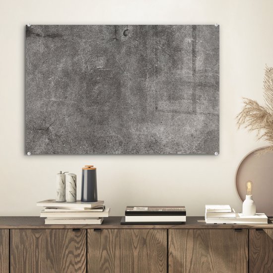MuchoWow® Glasschilderij 60x40 cm - Schilderij acrylglas - Beton - Muur - Lijn - Grind - Foto op glas - Schilderijen