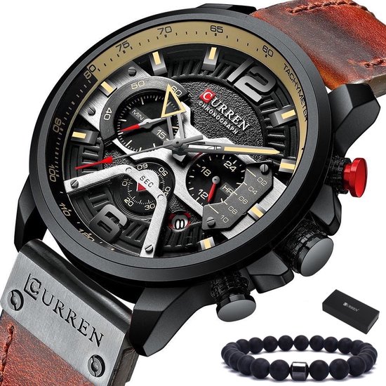 Curren® Horloges voor Mannen Herenhorloge Jongens Heren Watch Horloge – Lederen Band – Waterafstotend – Bruin Zwart