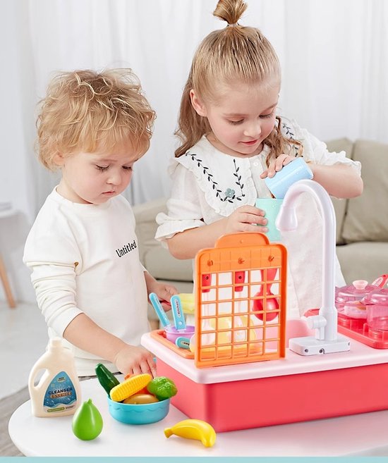 CUTE STONE Keuken Spoelbak Speelgoed Set Waterbak Speelgoed Set met Kraan, Fruit Snij Waterglijbaan, Drijvend Speelgoed, Vis Speelgoed, Rollenspel Speelgoed voor Kinderen