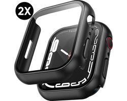 Hoesje geschikt voor Apple Watch Serie 7 / 8 / 9 - 45 mm Screen Protector - 2 Stuks - Full Cover Hard Case - Zwart - Podec