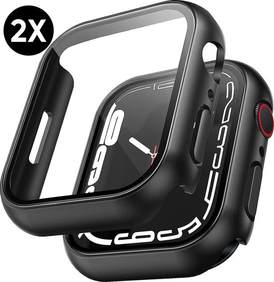 Hoesje geschikt voor Apple Watch Serie 7 / 8 / 9 - 45 mm Screen Protector - 2 Stuks - Full Cover Hard Case - Zwart - Podec