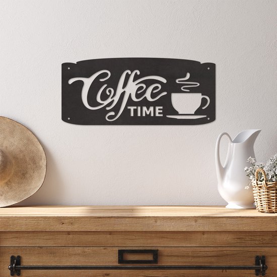 Décoration murale - Coffee Time Café - Animaux - Bois - Wall Line Art - Décoration murale Murale - Salon - Chambre - A Accrocher Au Mur - Zwart - 49 x 21,5 cm