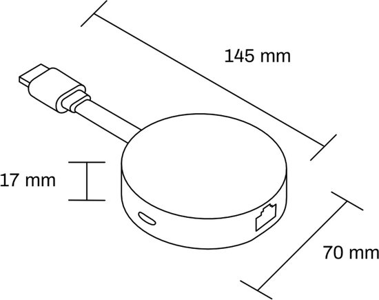 Schematische weergave van de grijze ronde dongle met afmetingen.