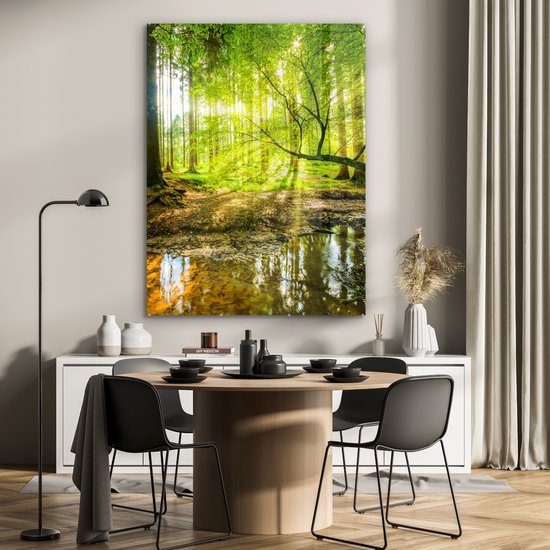 Glasschilderij - Acrylglas - Bos - Zon - Rivier - Wanddecoratie - Glasschilderij binnen - Foto op glas - 90x120 cm - Schilderij - Glasschilderij natuur