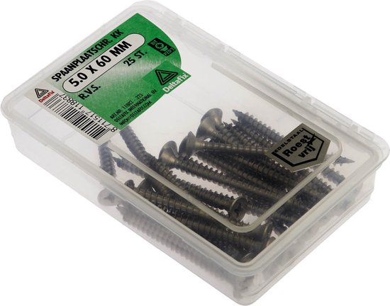 Deltafix. Les vis à bois. Acier inoxydable. 25 pièces de 5,0 x 60 mm de long, tête cruciforme plate.