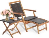 Rotan zonnebed met uittrekbare voetensteun en bijzettafel, inklapbare ligstoel in 5 standen verstelbaar, houten ligbed tot 160 kg belastbaar voor zwembad, strand