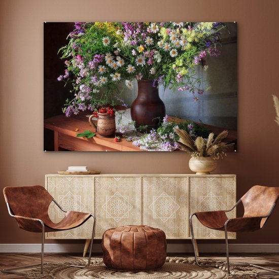 MuchoWow® Glasschilderij 180x120 cm - Schilderij acrylglas - Bloemen - Tafel - Stilleven - Boeket - Vaas - Foto op glas - Muurdecoratie woonkamer - Wanddecoratie slaapkamer - Schilderijen