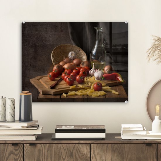 MuchoWow® Tableau sur verre 40x30 cm - Tableau sur verre acrylique - Planche à découper - Légume - Nature morte - Pâtes - Oignon - Tomate - Planche à découper - Photo sur verre - Décoration murale salon - Décoration murale chambre - Peintures