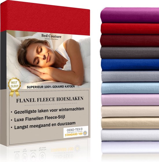 Bed Couture Flanel Fleece Hoeslaken - 100% Katoen Extra zacht en Warm - Eenpersoons - Set van 2 - 90x200+30 Cm - Rood