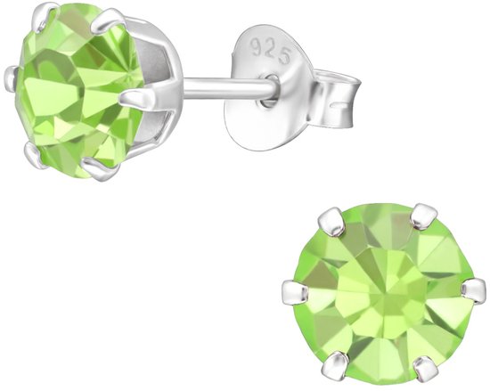 Joy|S - Zilveren oorknoppen - rond 6 mm - peridot groen kristal - oorbellen
