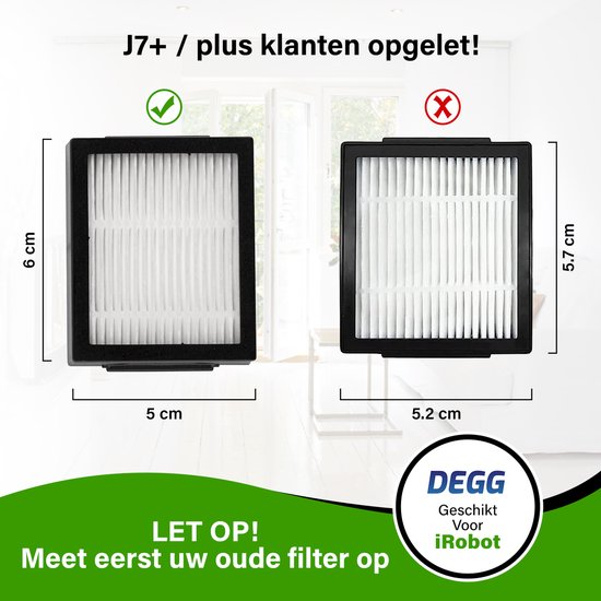 Vergelijking van iRobot filters: links een correct filter (5x6cm), rechts een incorrect filter (5.2x5.7cm).