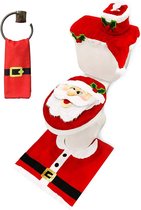 5-delige kersttoiletbrilhoes in kerstman-design, toilettoiletdekselset met stoelhoes & tapijt & stoffen deksel & tankhoes & handdoek voor badkamer kerstdecoratie