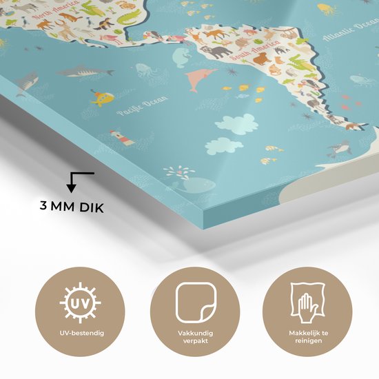 Peinture sur Verre - Carte du Wereldkaart - Enfants - Couleurs - Animaux - 60x40 cm - Peintures sur Verre Peintures - Photo sur Glas