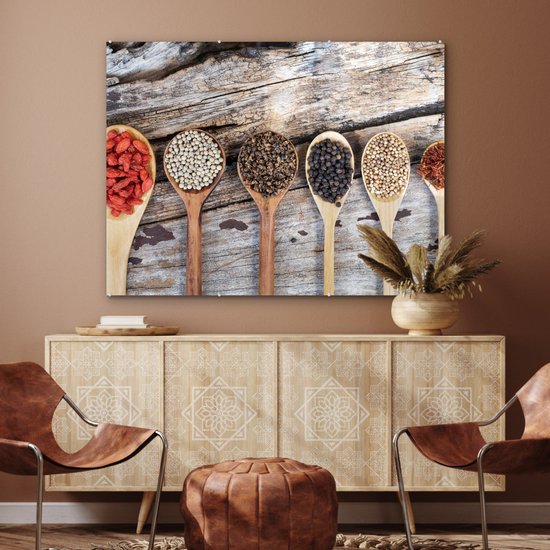MuchoWow® Peinture sur Verre - Cuillères de grande à petite avec des épices - 120x90 cm - Peintures sur Verre Acrylique - Photo sur Glas