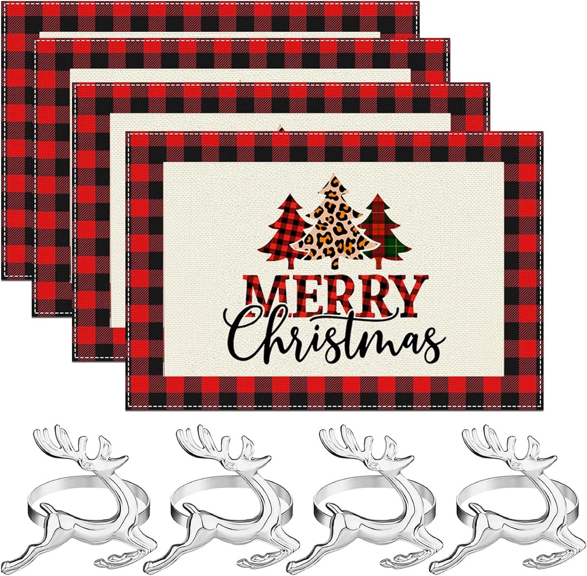 8 stuks tafelset Kerstmis, 4 stuks kerstboom rode placemat Kerstmis met