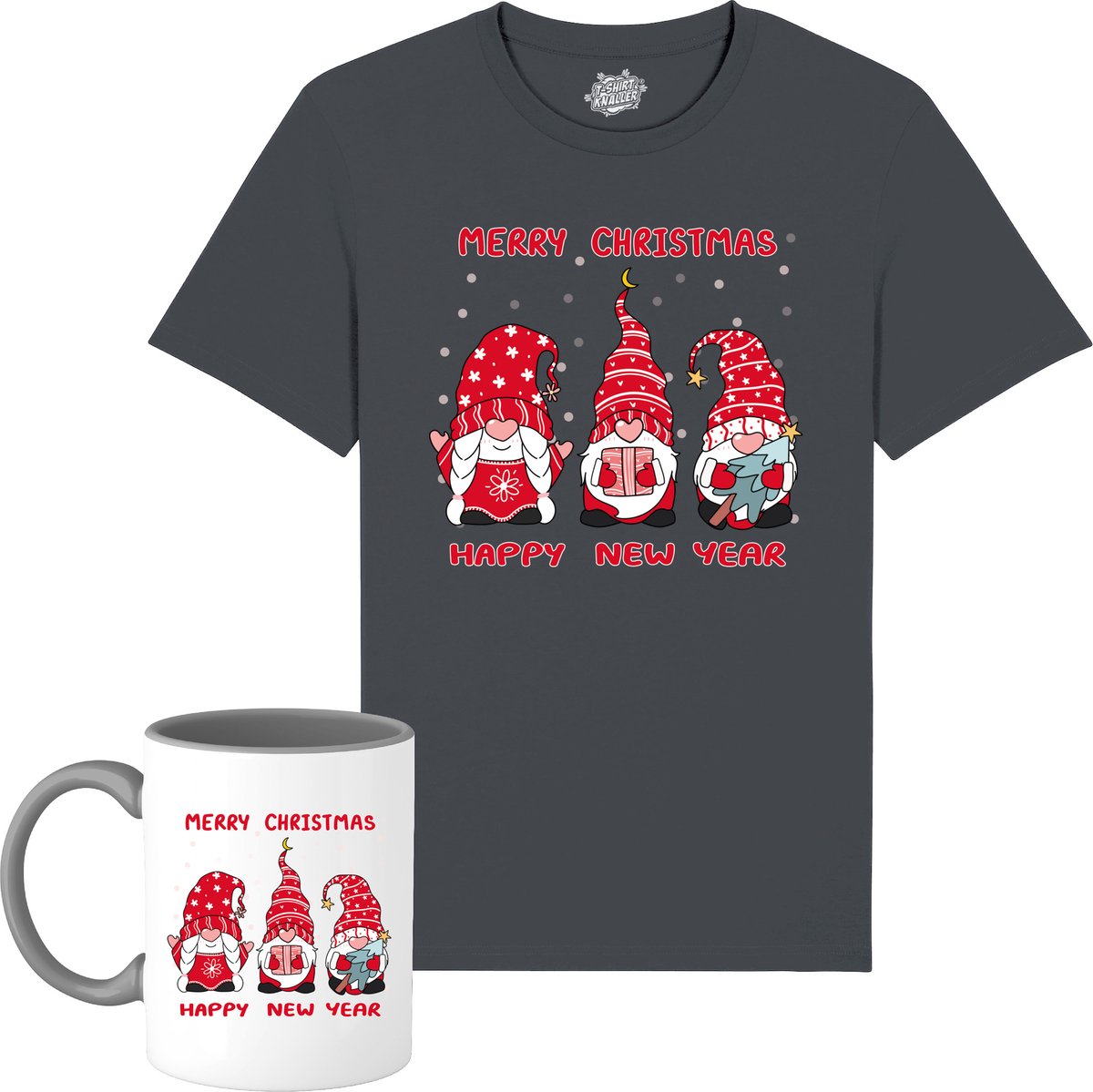 Christmas Gnomies - Foute kersttrui kerstcadeau - Dames / Heren / Unisex Kleding - Grappige Kerst Outfit - T-Shirt met mok - Unisex - Mouse Grijs - Maat 4XL