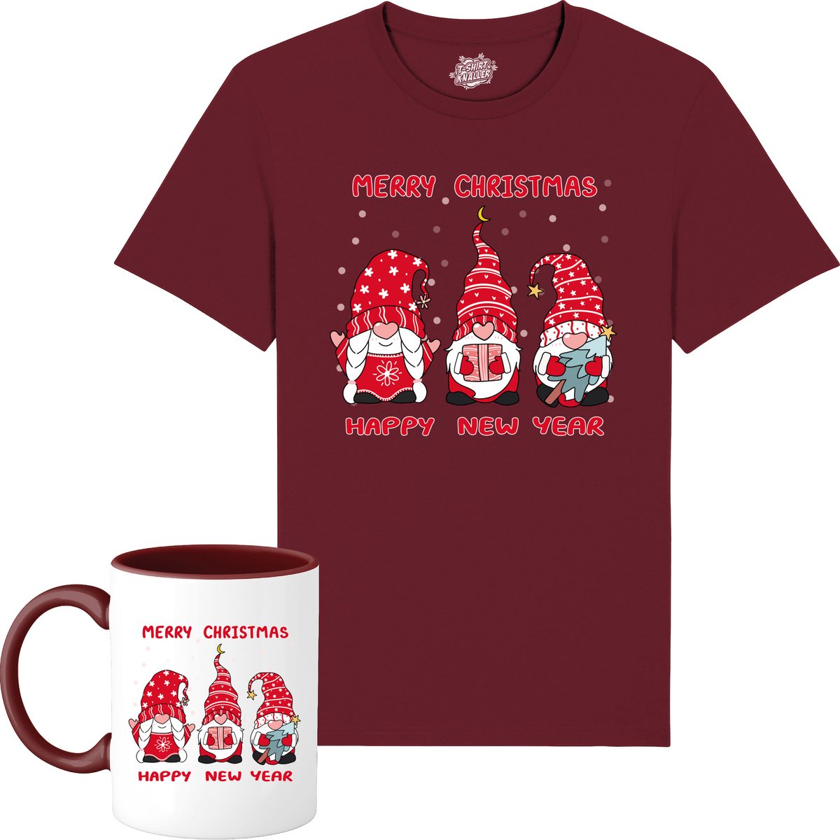 Christmas Gnomies - Foute kersttrui kerstcadeau - Dames / Heren / Unisex Kleding - Grappige Kerst Outfit - T-Shirt met mok - Unisex - Burgundy - Maat L