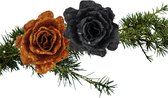 Kerstboomversiering bloemen op clip - 2x st - koper en zwart - 10 cm